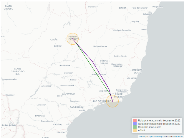 Trajetória planejada mais frequente para a rota SBBR-SBRJ em 2022 e 2023.